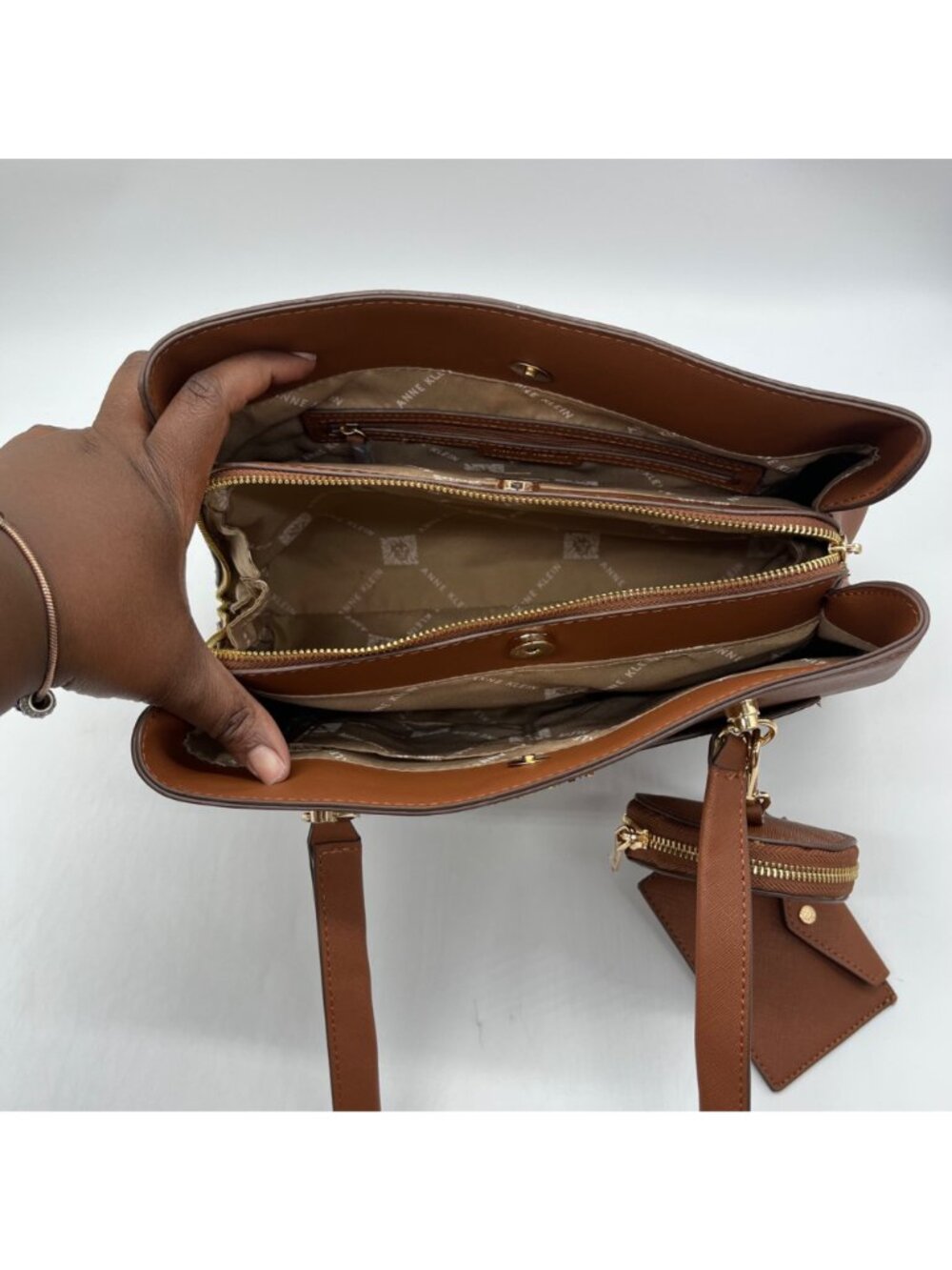 Anne Klein Brown Faux Leather Medium Triple Compartment Satchel Bag - Picture 10 of 12